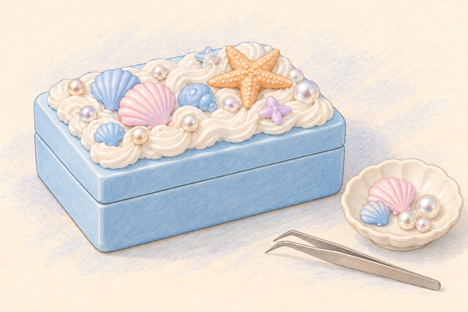 Drawing of a pale blue trinket box decorated with white cream swirls, pastel shells, pearl-like beads, and a starfish.