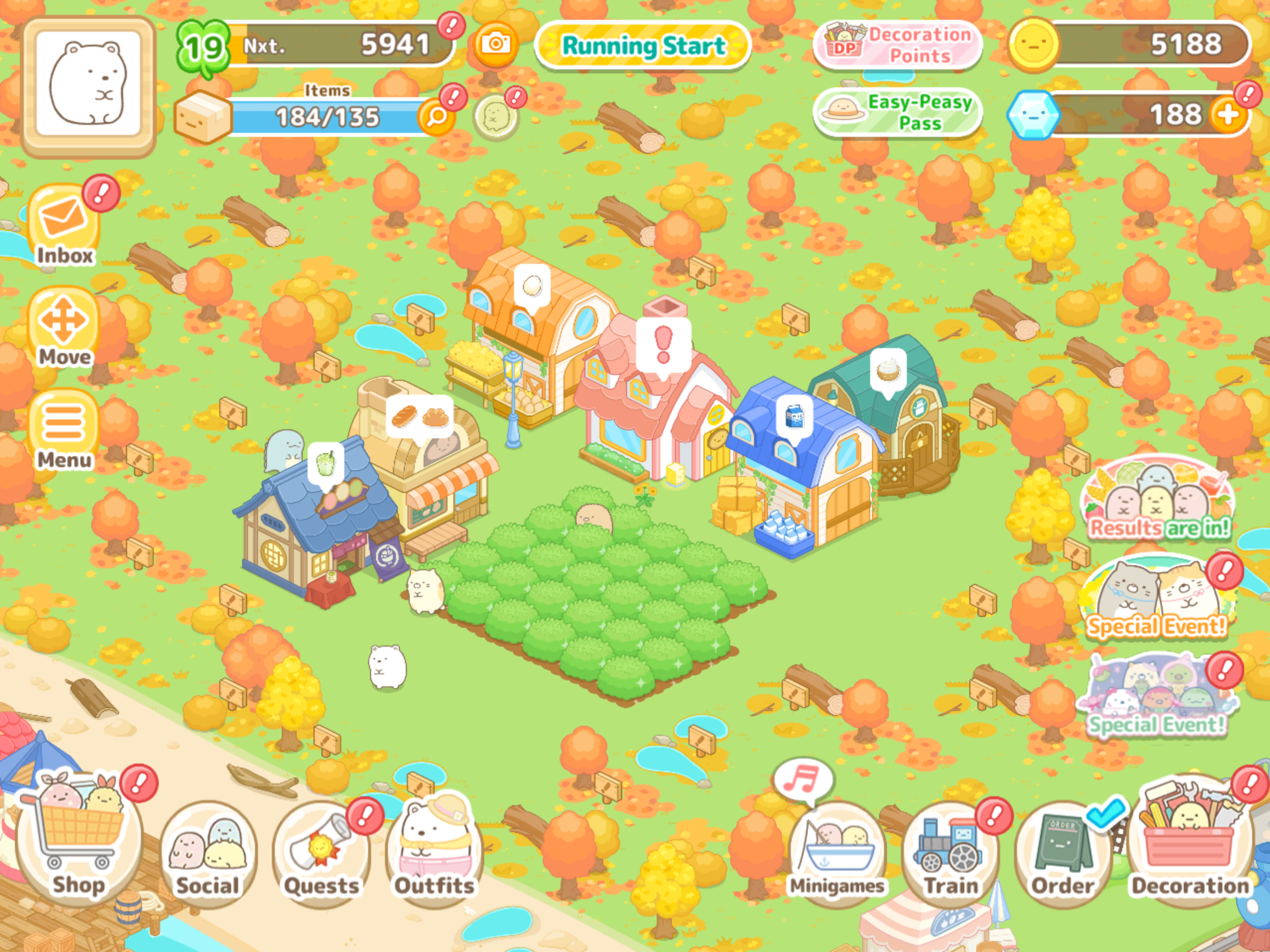 Sumikko Gurashi Farm game screenshot showing an autumn farm